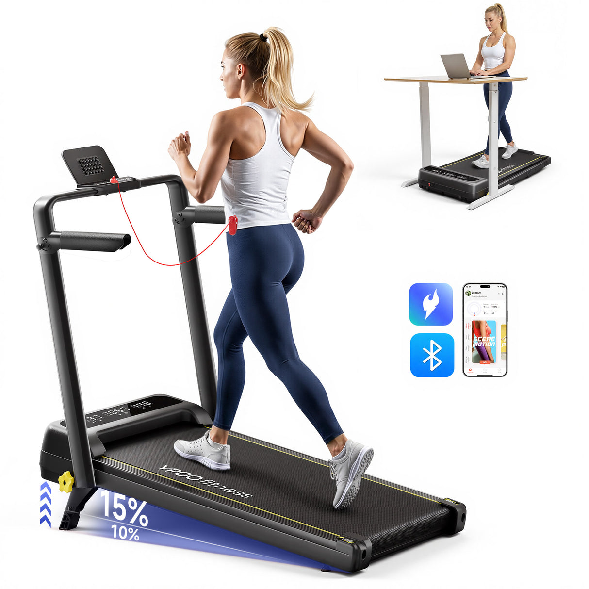 YPOO Foldable Treadmill with Incline, Walking Pad with Handle Bar 3 Level Incline, Portable Folding Treadmills for Home/Office 300 Lbs Capacity, Quiet Desk Treadmill with Remote Control & APP