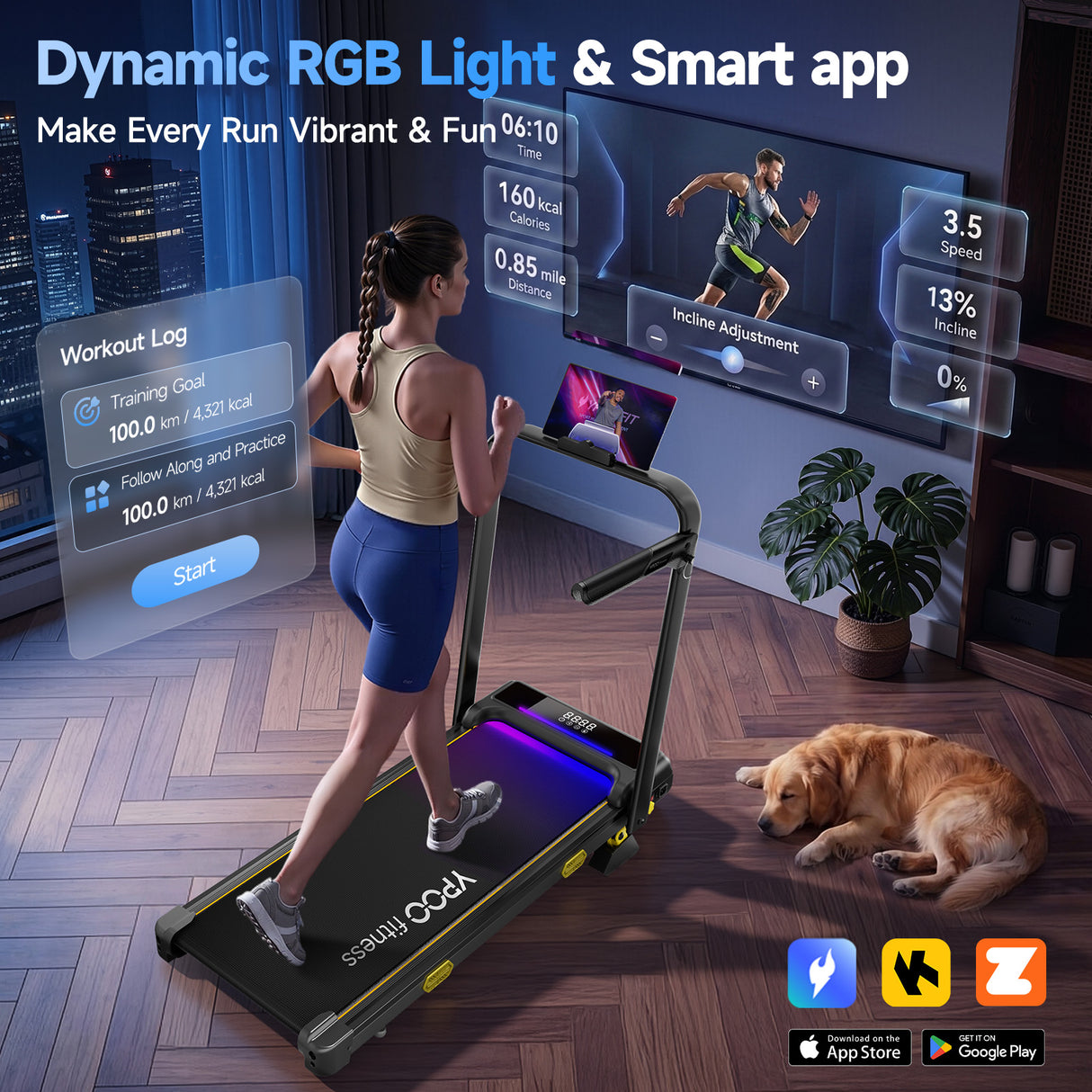 YPOO 13% Incline Walking Pad Treadmills with Handles, Under Desk Treadmills for Home Office, 6.2MPH Quiet Foldable Walking Pad with RGB Light, 300LBS Capacity