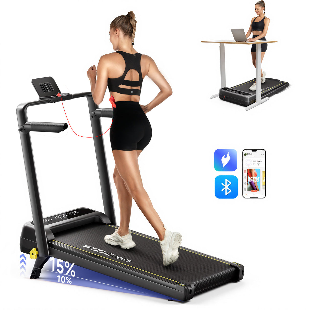 YPOO Foldable Treadmill with Incline, Walking Pad with Handle Bar 3 Level Incline, Portable Folding Treadmills for Home/Office 300 Lbs Capacity, Quiet Desk Treadmill with Remote Control & APP