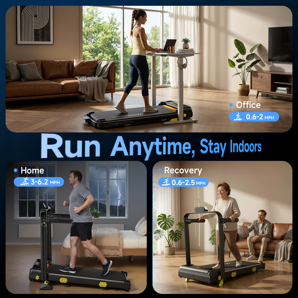YPOO 13% Incline Walking Pad Treadmills with Handles, Under Desk Treadmills for Home Office, 6.2MPH Quiet Foldable Walking Pad with RGB Light, 300LBS Capacity