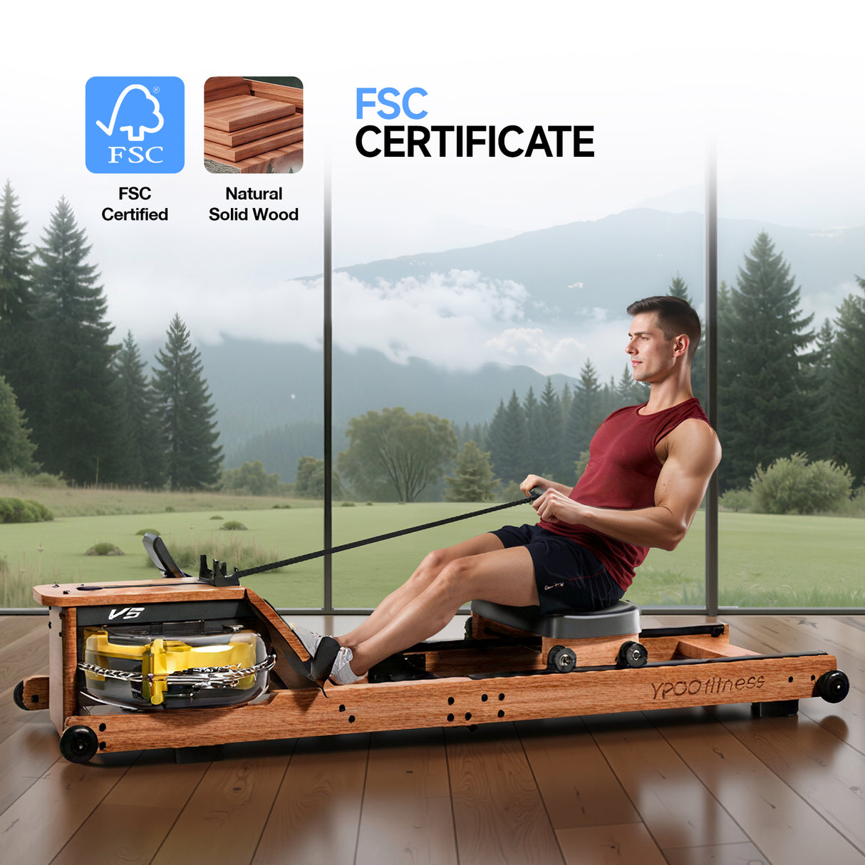 YPOO Water Rowing Machine for Home, Foldable Rower Machines with Comfortable Seat and Quick-Folding Design, Wooden Water Rower with 350LBS Weight Capacity