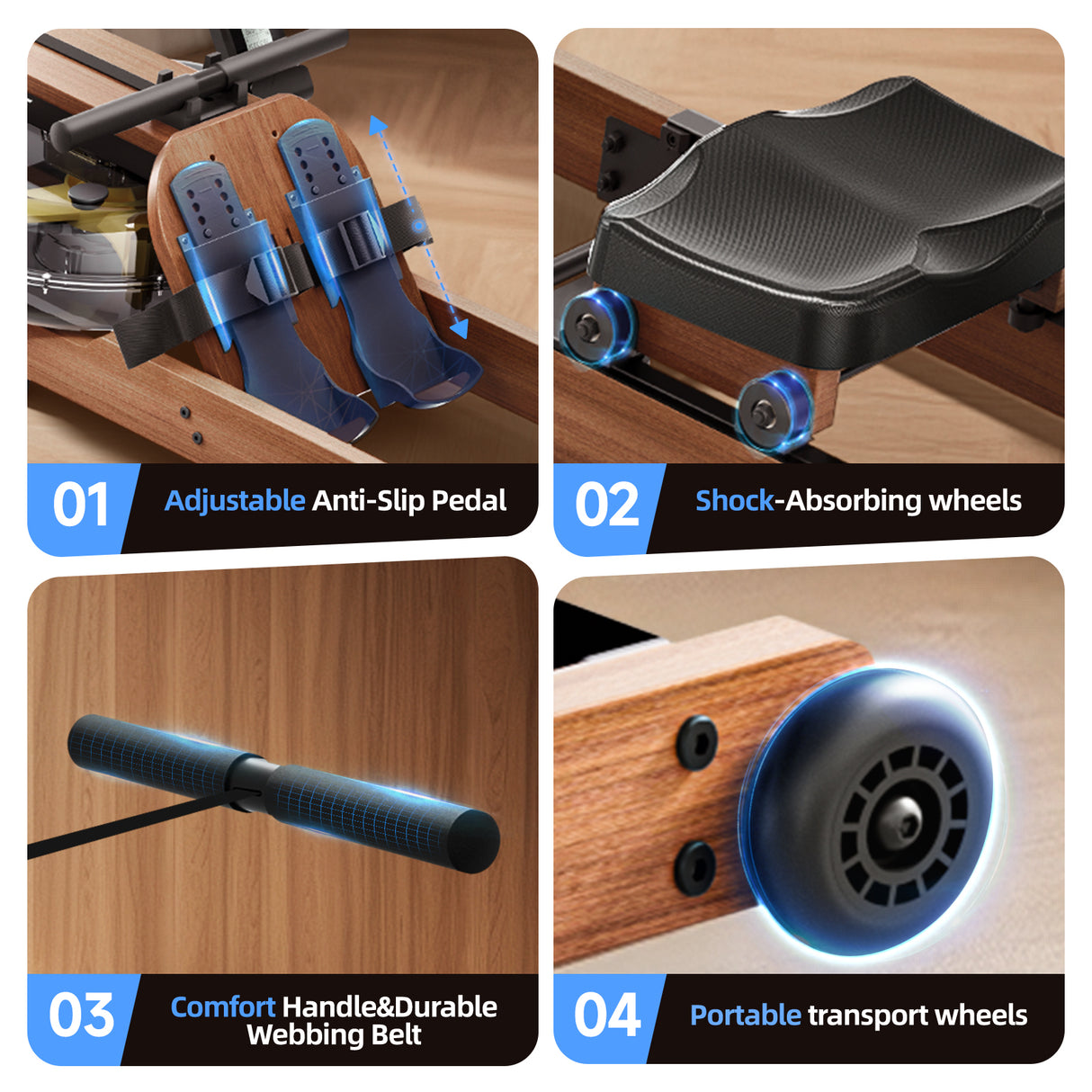 YPOO Water Rowing Machine for Home, Foldable Rower Machines with Comfortable Seat and Quick-Folding Design, Wooden Water Rower with 350LBS Weight Capacity