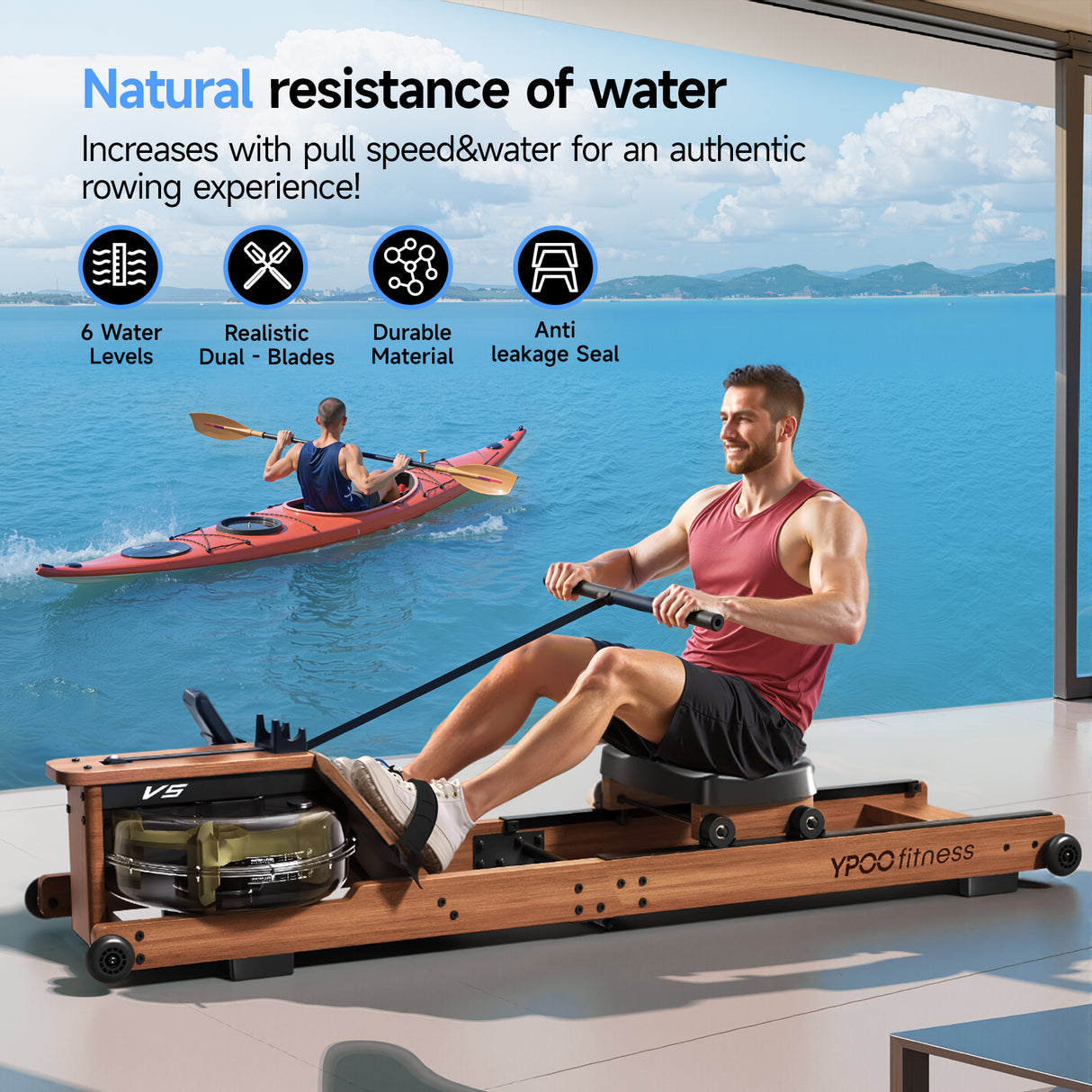 YPOO Water Rowing Machine for Home, Foldable Rower Machines with Comfortable Seat and Quick-Folding Design, Wooden Water Rower with 350LBS Weight Capacity