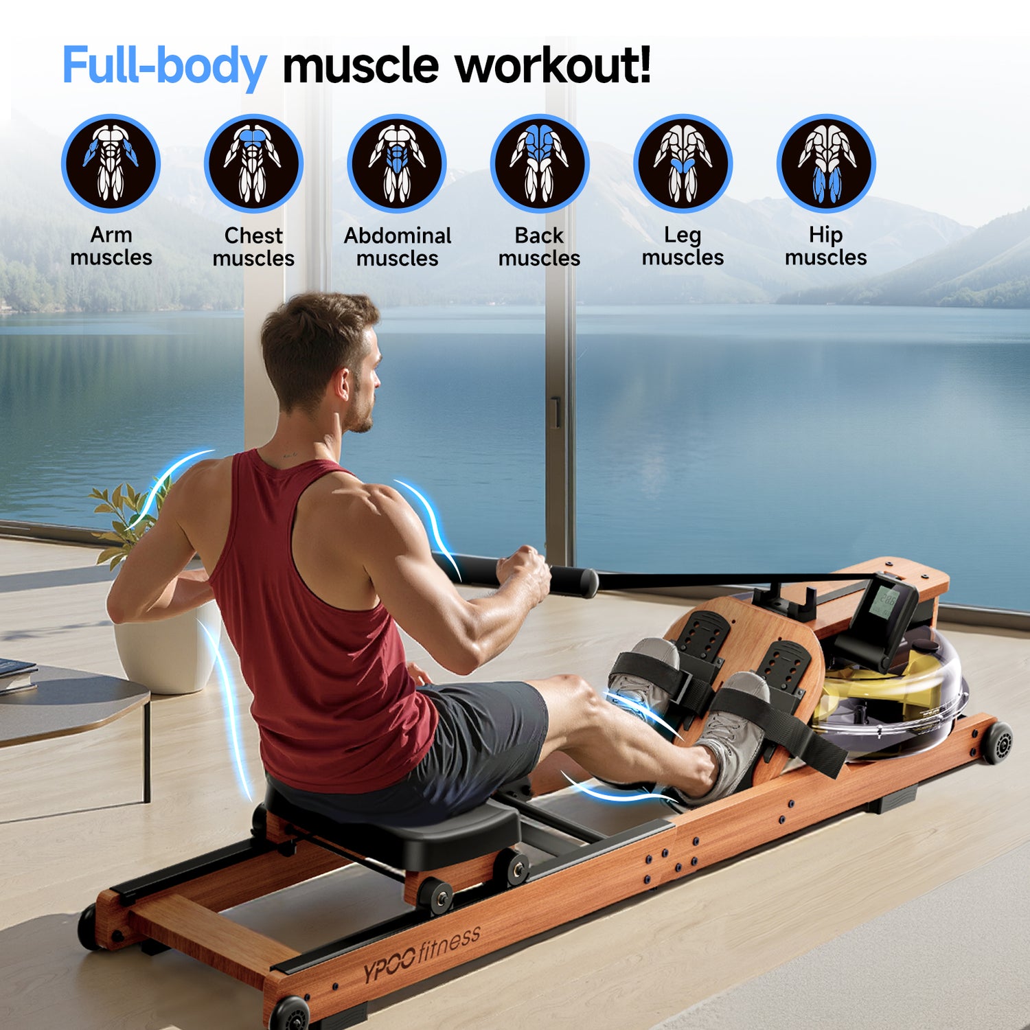 YPOO Water Rowing Machine for Home, Foldable Rower Machines with Comfortable Seat and Quick-Folding Design, Wooden Water Rower with 350LBS Weight Capacity