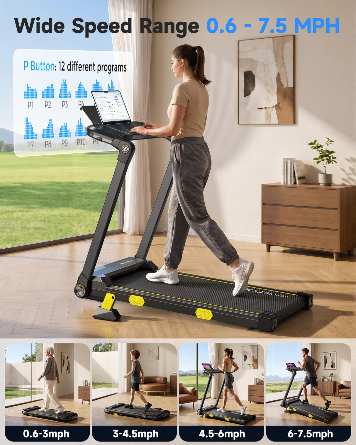 YPOO 13% Incline Treadmill, Walking Pad Treadmill with Handle Bar, Portable Folding Walking Treadmills for Home with Desk & App