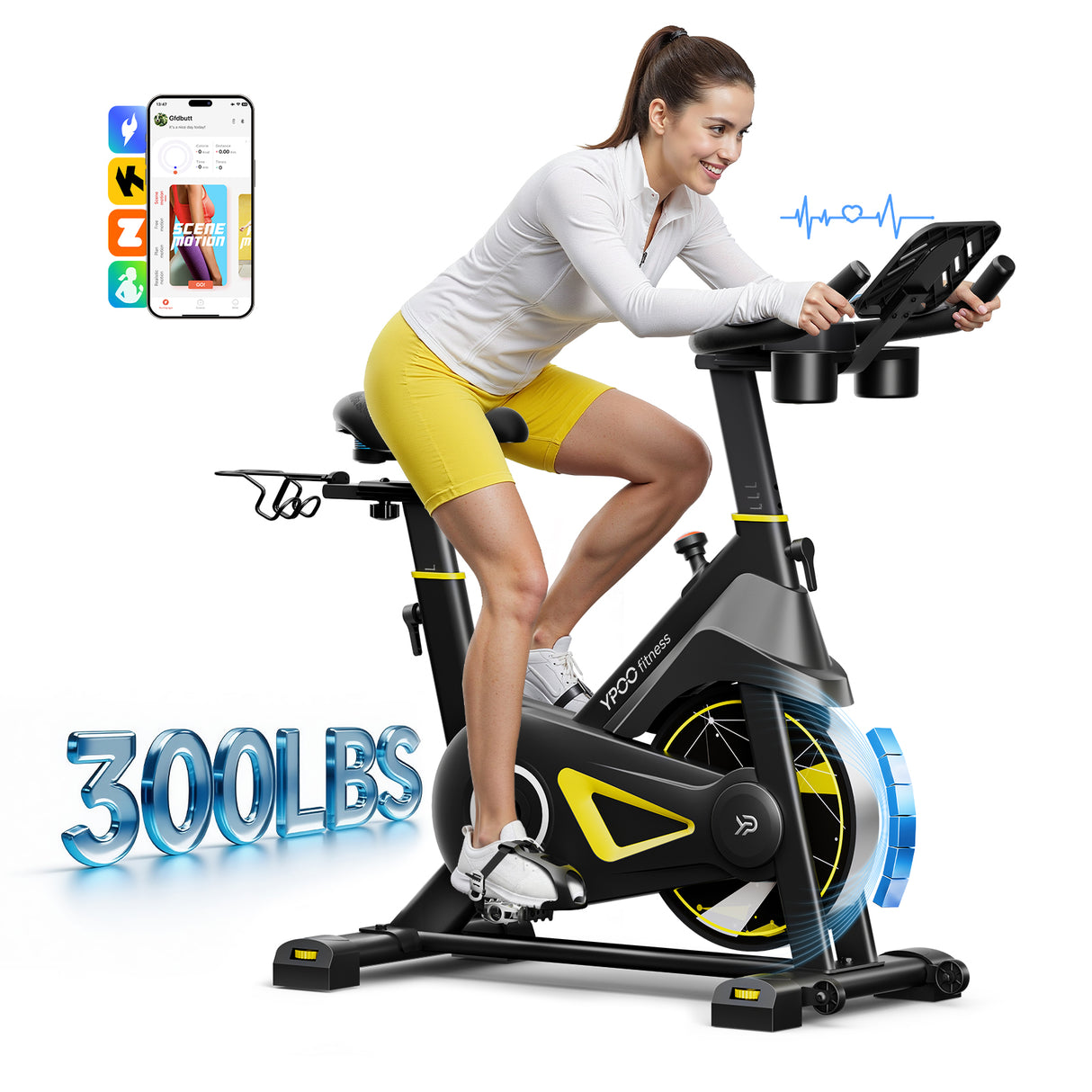YPOO X5 Exercise Bike, Adjustable Magnetic Resistance Stationary Bikes for Home Cardio with Exclusive App, Indoor Bike with 330lbs Weight Capacity Comfortable Seat, Tablet Mount and Fitness Courses