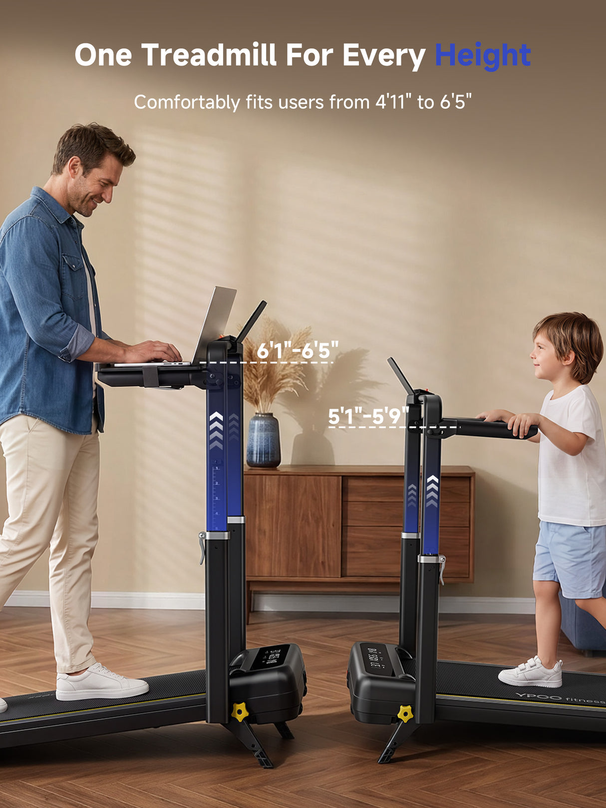 YPOO Walking Pad with Handle Bar 13% Incline 300 LBS,Under Desk Treadmill, Home & office treadmill, 13% incline with handle. Desk-friendly, APP connected, easy portable storage