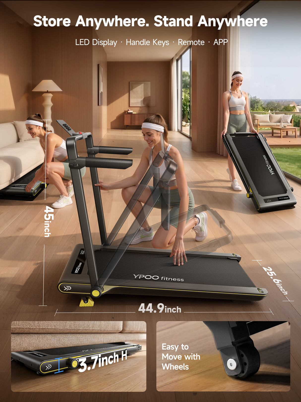 YPOO Ultra Slim Walking Pad Treadmill with 14% Incline, Under Desk Walking Pad with Auto-Maintenance System Belt, Smart App & Remote Control, Portable Treadmill for Home Office, 350LBS Capacity