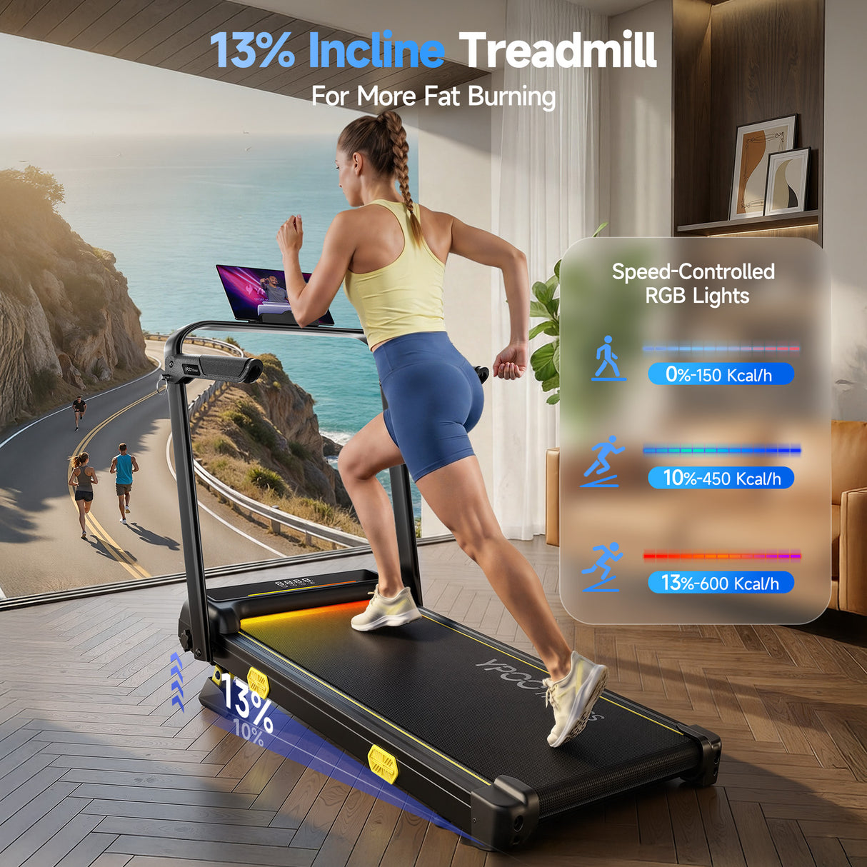 YPOO 13% Incline Walking Pad Treadmills with Handles, Under Desk Treadmills for Home Office, 6.2MPH Quiet Foldable Walking Pad with RGB Light, 300LBS Capacity