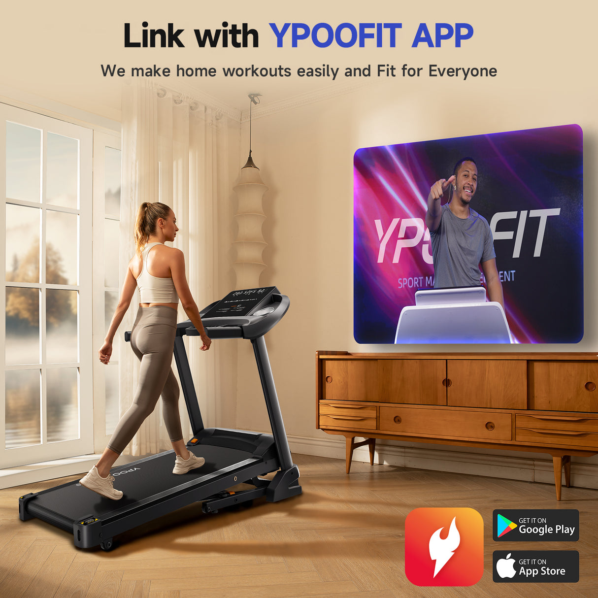 YPOO Auto-Folding Incline Treadmill with Bluetooth Speaker