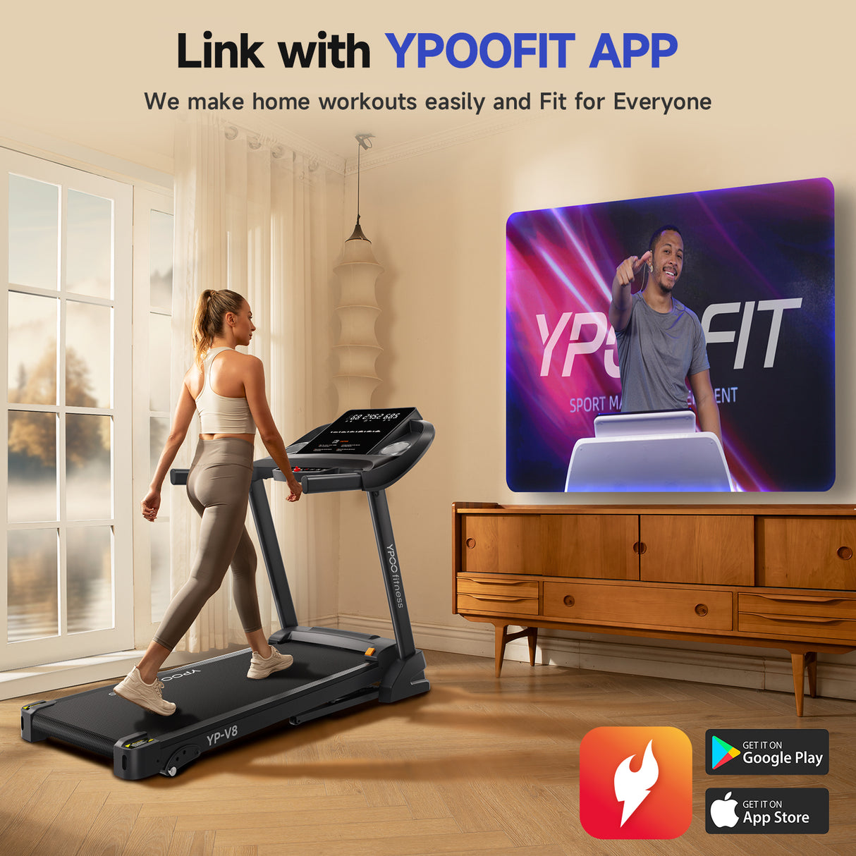 YPOO Auto-Folding Incline Treadmill with Bluetooth Speaker