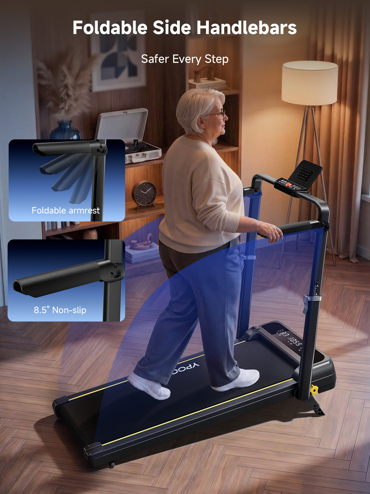 YPOO Walking Pad with Handle Bar 13% Incline 300 LBS,Under Desk Treadmill, Home & office treadmill, 13% incline with handle. Desk-friendly, APP connected, easy portable storage