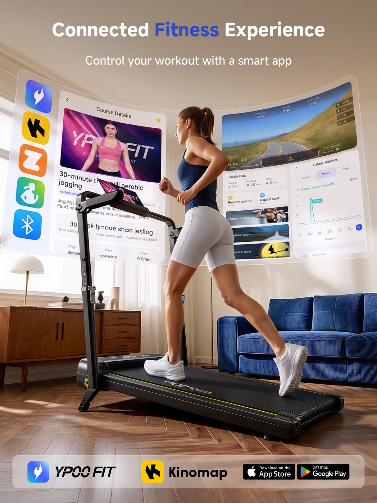 YPOO Walking Pad with Handle Bar 13% Incline 300 LBS,Under Desk Treadmill, Home & office treadmill, 13% incline with handle. Desk-friendly, APP connected, easy portable storage