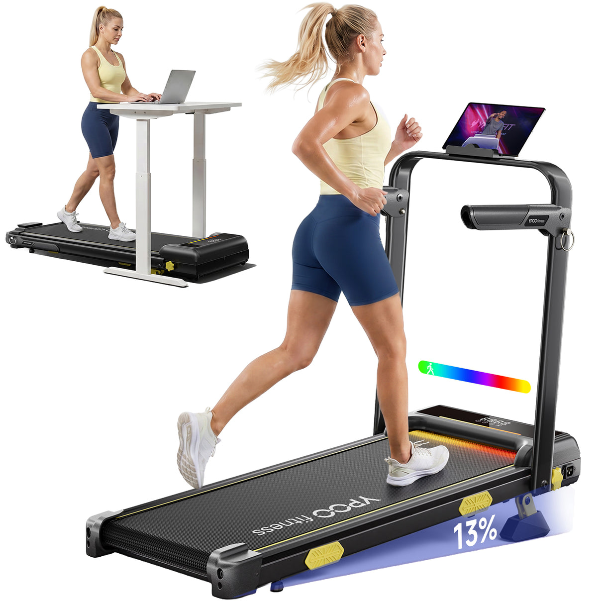 YPOO 13% Incline Walking Pad Treadmills with Handles, Under Desk Treadmills for Home Office, 6.2MPH Quiet Foldable Walking Pad with RGB Light, 300LBS Capacity