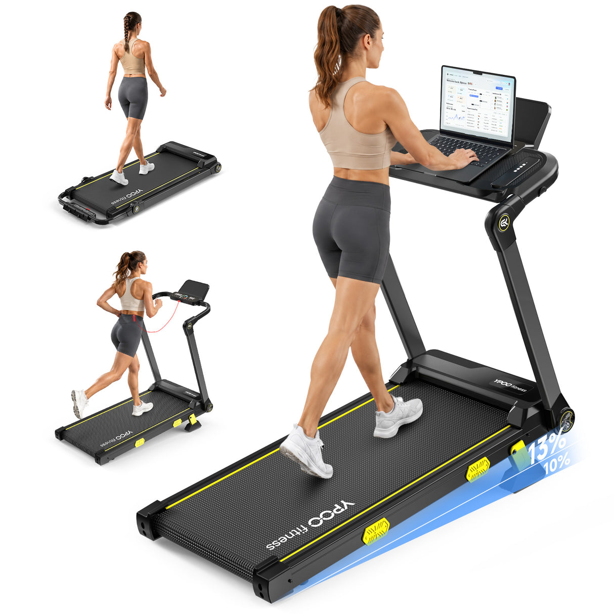 YPOO 13% Incline Treadmill, Walking Pad Treadmill with Handle Bar, Portable Folding Walking Treadmills for Home with Desk & App